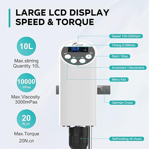 Miniatura 2 de LAB FISH Mezclador digital de laboratorio agitador eléctrico de laboratorio Varilla de agitación y soporte de acero inoxidable Velocidad ajustable