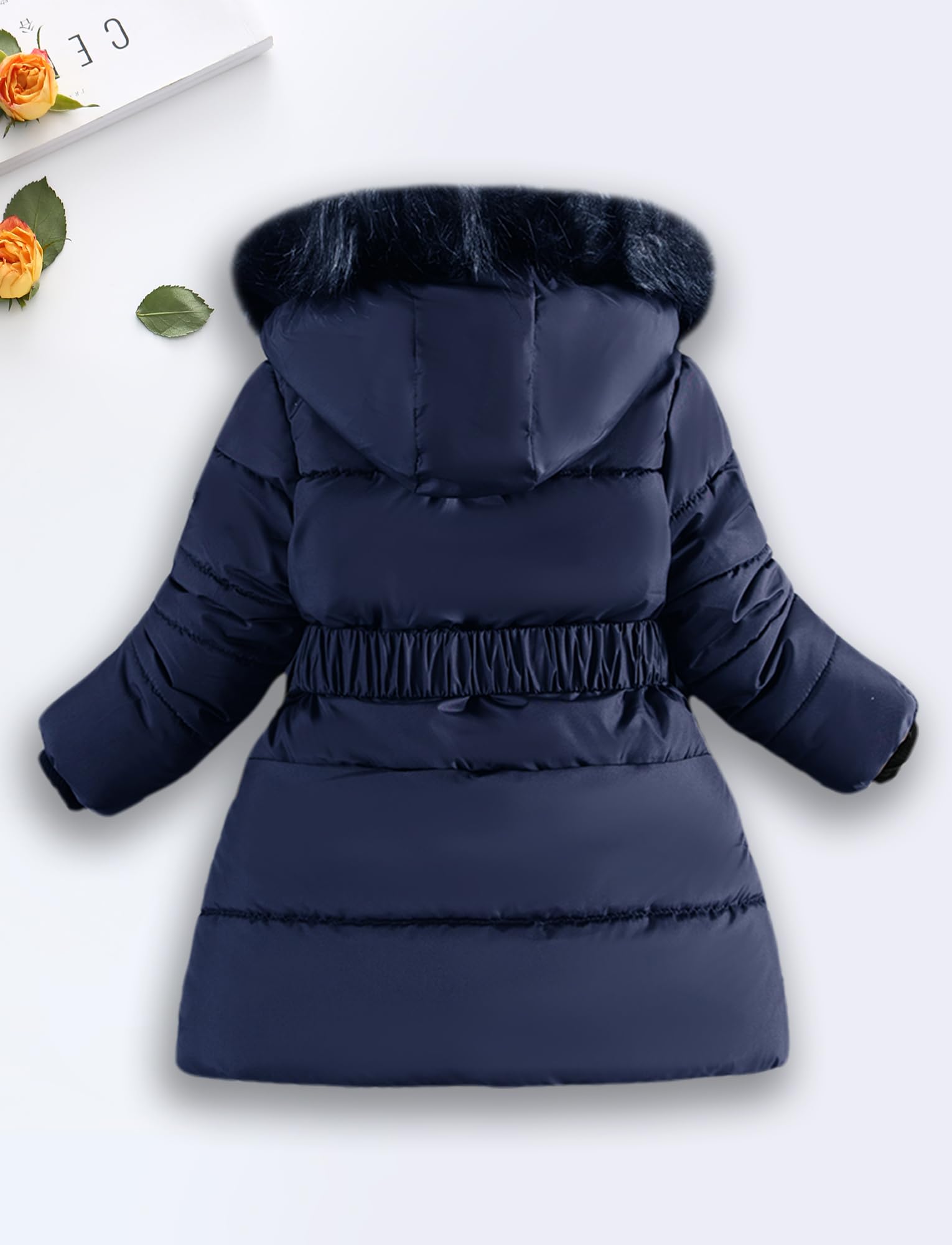 Maeau - Manteau à Capuche Détachable Fille Hiver Veste Mi-longue Chaude Parka Matelassée Doudoune Epaisse Rembourré avec Ceinture Élastique Nœud Papillon 3-9 Ans