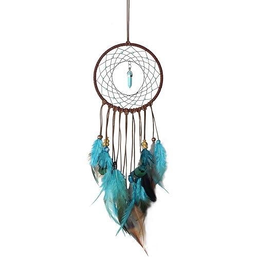 SMANSNAY Dream Catchers Wall Decor, Indian Handmade Dream Catchers with Turquoise Feather, Boho Wall Hanging Decoration for Boys Girls Bedroom, Wedding Festival Gift (Blue)