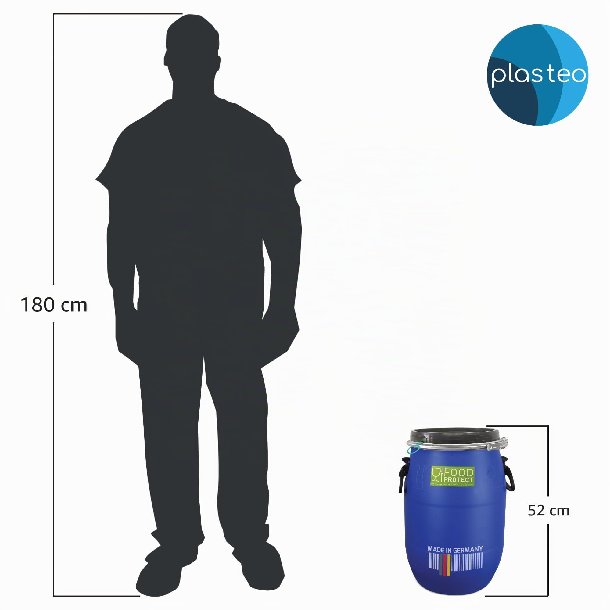 plasteo Lot de 2 fûts de 30 litres avec couvercle - Convient à un usage alimentaire - Homologation ONU - IKG - En plastique - Fût à col large - Universel - Hermétique - Empilable