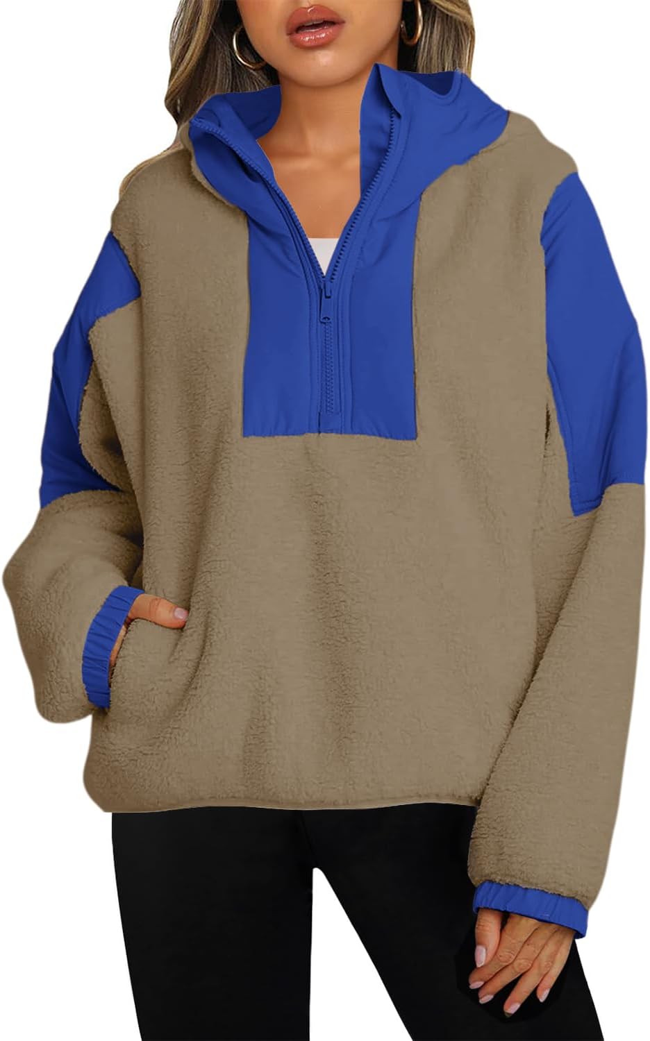 Panadila Womens Half Zip Pullover with Pockets Sherpa Hoodie Oversized Hooded Sweatshirt Warm Fleece Jackets