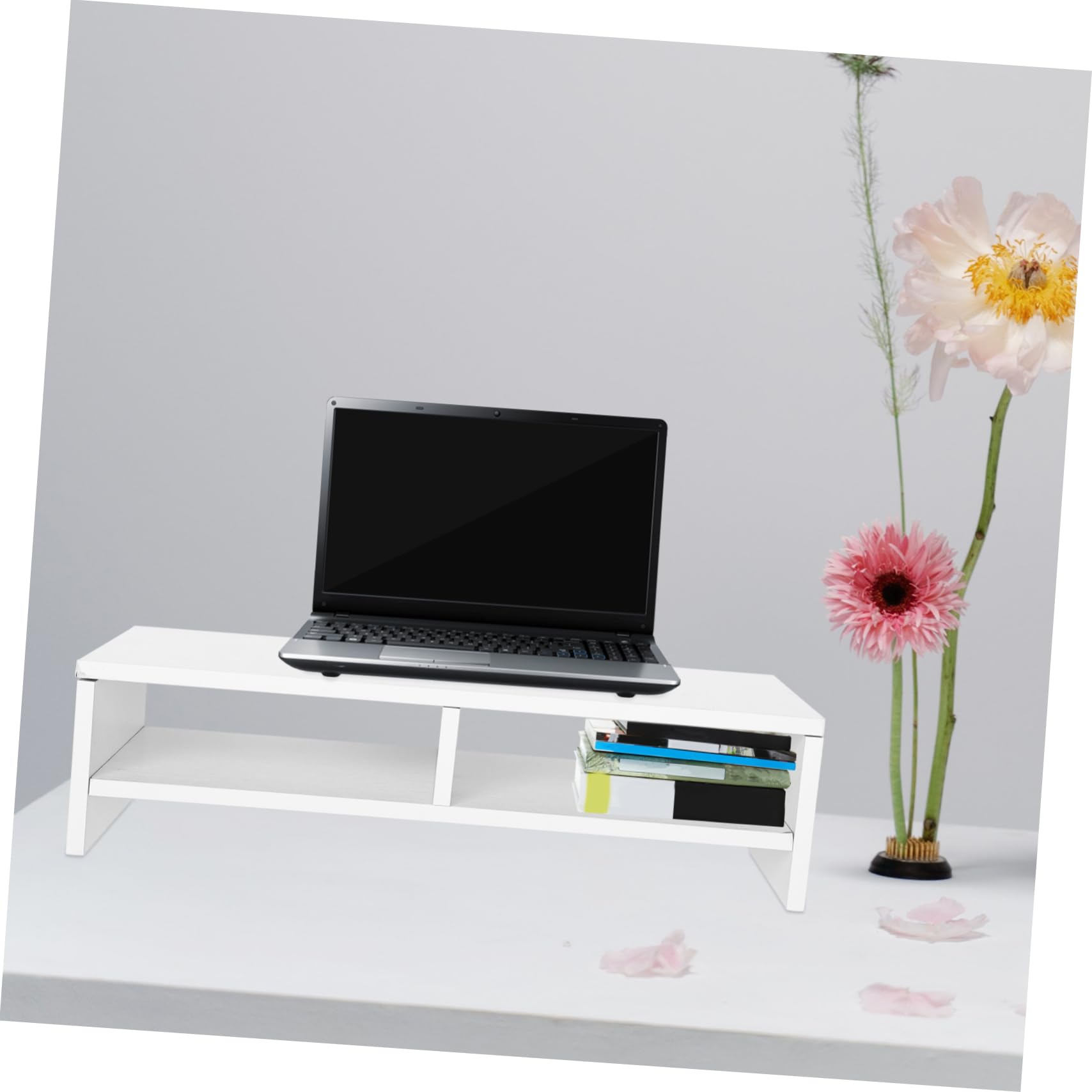 Supporto per Monitor da Scrivania in Legno Bianco Design a Doppio Strato, Rialzo per Computer e Laptop, Organizza Lo Spazio Ufficio in Modo Efficiente e Ordinato