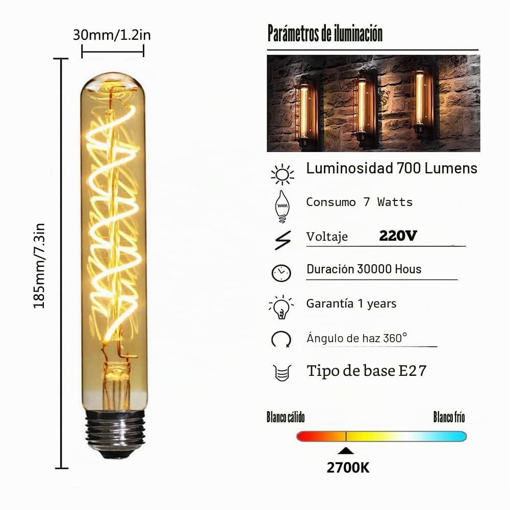 Ruihua T30 Edison Bombilla led 4W 185mm No Regulable Tubular Ámbar Iluminación de Vidrio Blanco Cálido 2200K Vintage Retro Filamento Lámpara Tapón de Rosca E27(16 Paquetes)