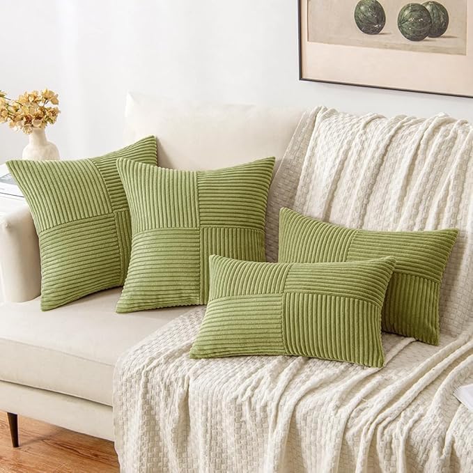 Image of Guffaw Corduroy Pillow Covers Boho Decorative Spliced Throw Pillow Covers Soft Solid Couch Pillowcases Cross Patchwork Cushion Covers for Living Room Bed Sofa 16x16 inch (2, Green[Mehndi])