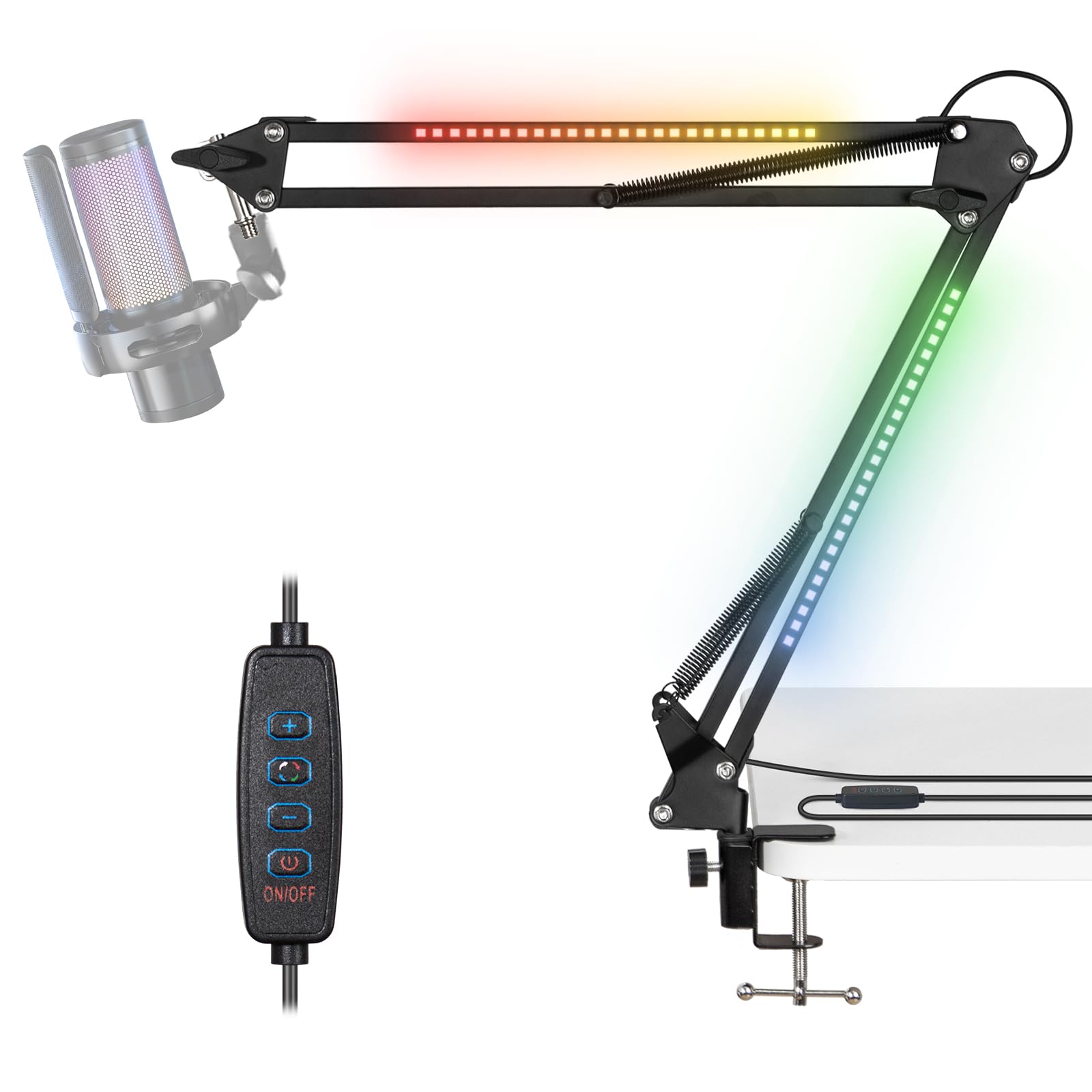 Todeco Bras Micro avec Lumière RGB, Suspension Supports de Microphone Réglable avec Support de Bureau, télécommande, Adaptateur 3/​8", pour Jeux/​Studio/​Youtuber/​Podcasting