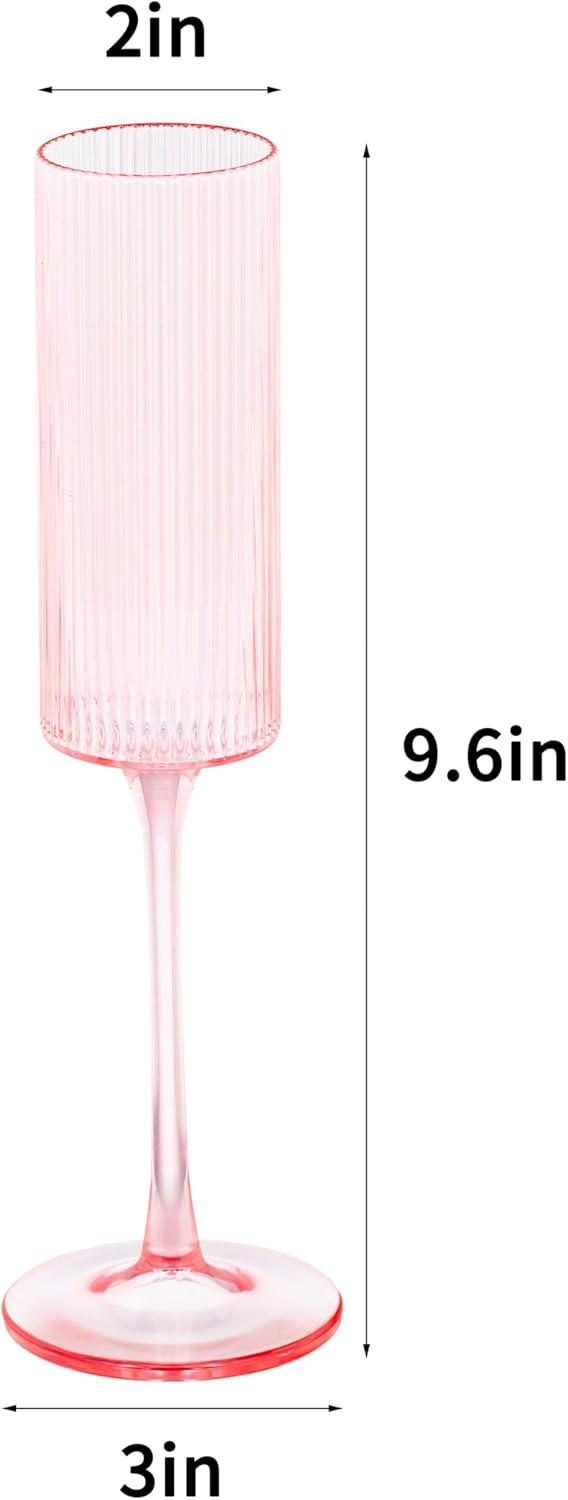 JLYLOL 12 Pcs Pink Plastic Champagne Flutes 6OZ Large Ribbed Champagne Glasses Toasting Glass Plastic Goblets for Parties Vintage Mimosa Bar Glasses Elegant Stemmed Drinking Cups for Wedding Bride