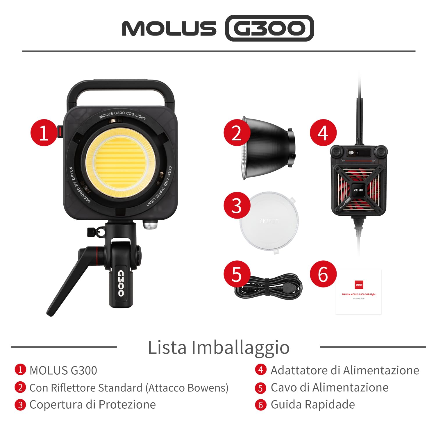 ZHIYUN MOLUS G300 [Ufficiale] 300W Luce Video LED Fotografica con Bowens Mount, Luce Portatile con Controllo ZY Vega APP, 15500LuxLux/m 2700K-6500K