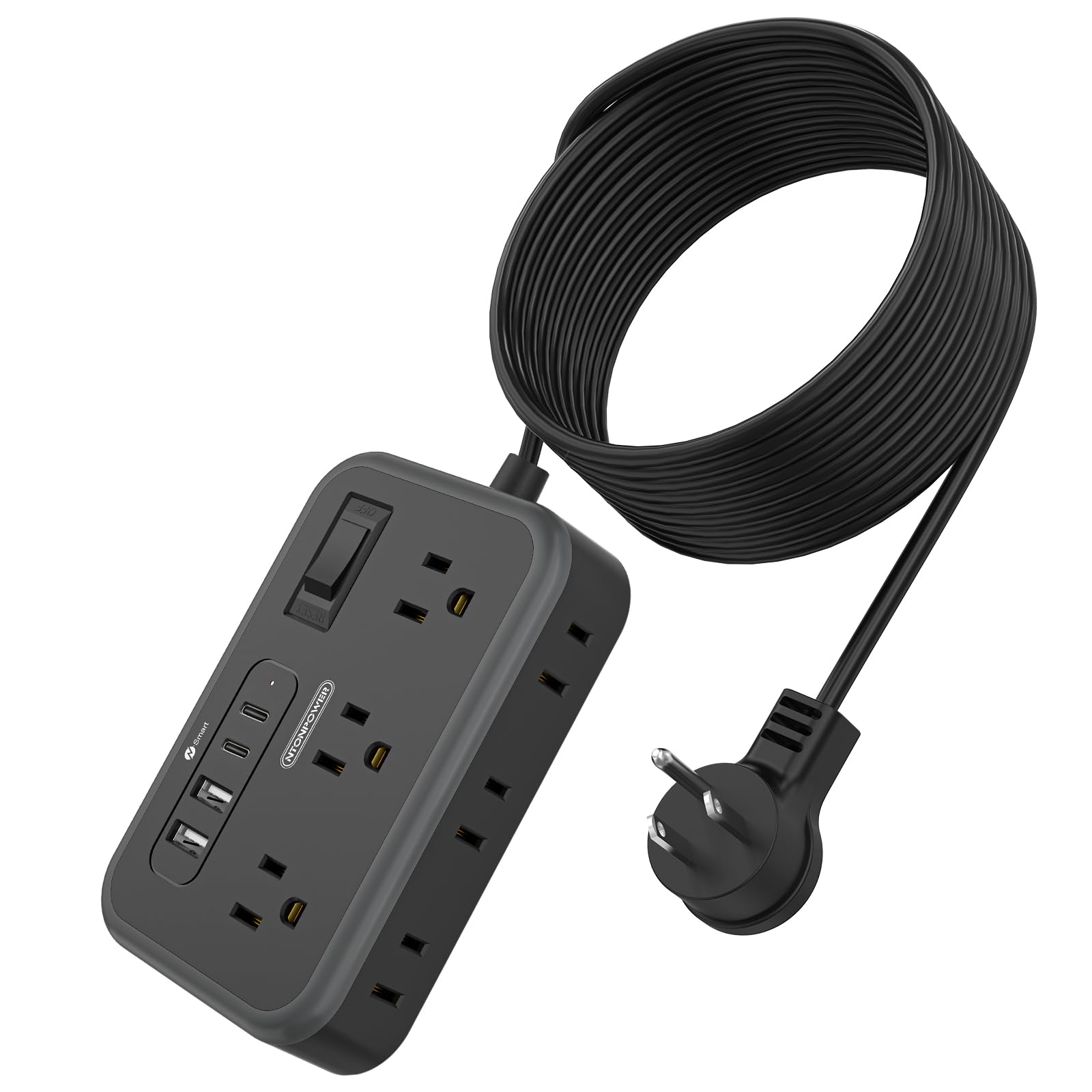 NTONPOWER 6 Widely Spaced Outlet(2 Side) Power Strip with 4 USB Ports, Extension Cord 15 Ft