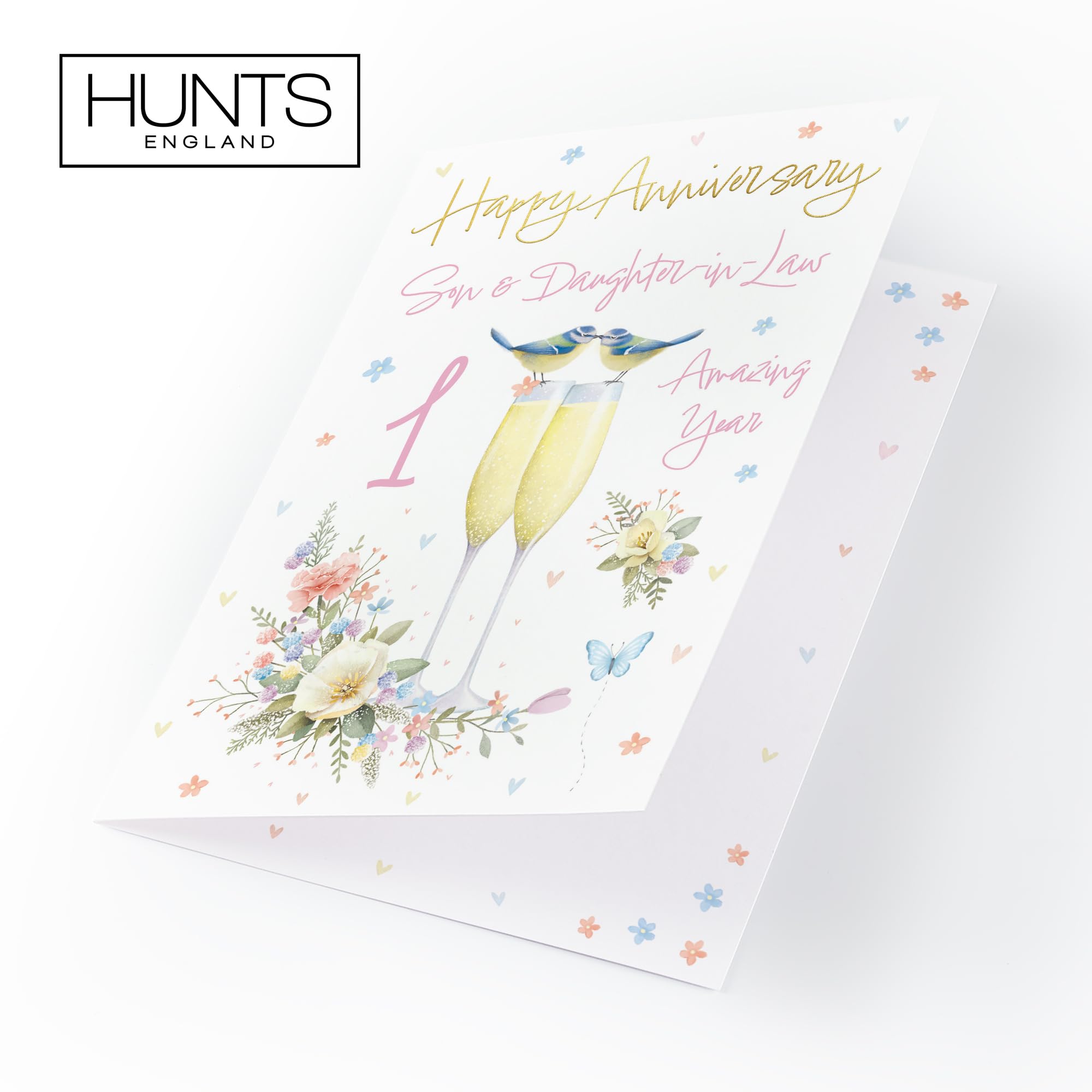 Hunts England, Son And Daughter-in-Law 1st Anniversary Card, A5 Size, Champagne Flutes, Gold Foil - Image 4