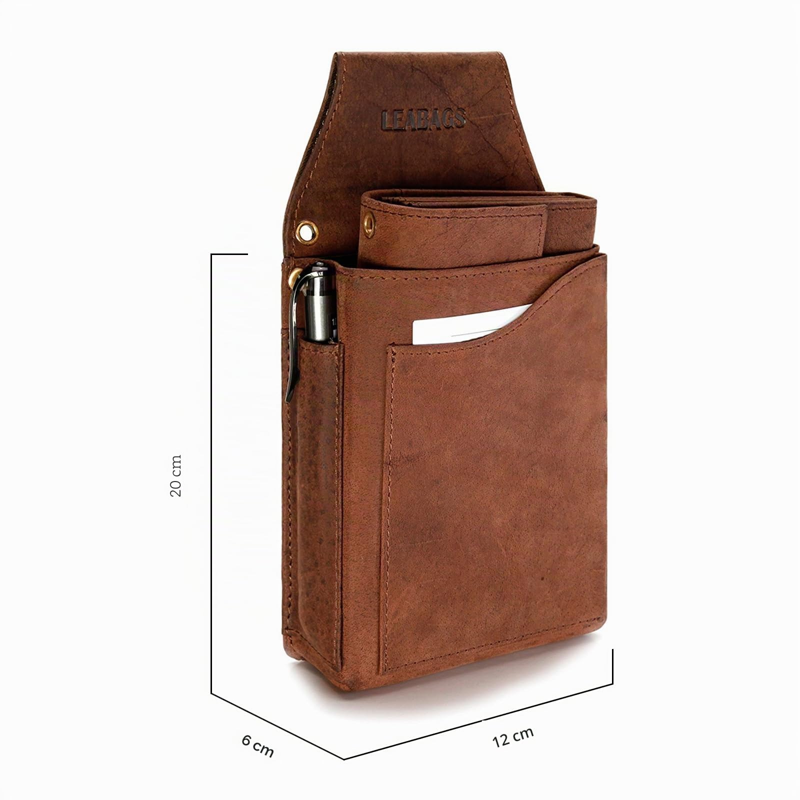 Leabags Bolsa de Camarero de Cuero | Cartera de Camarero Genuino | Monedero con Compartimento para Monedas | Soporte para Cinturón | Bolsa de Camarero para Gastronomía | Marrón Oscuro Natural
