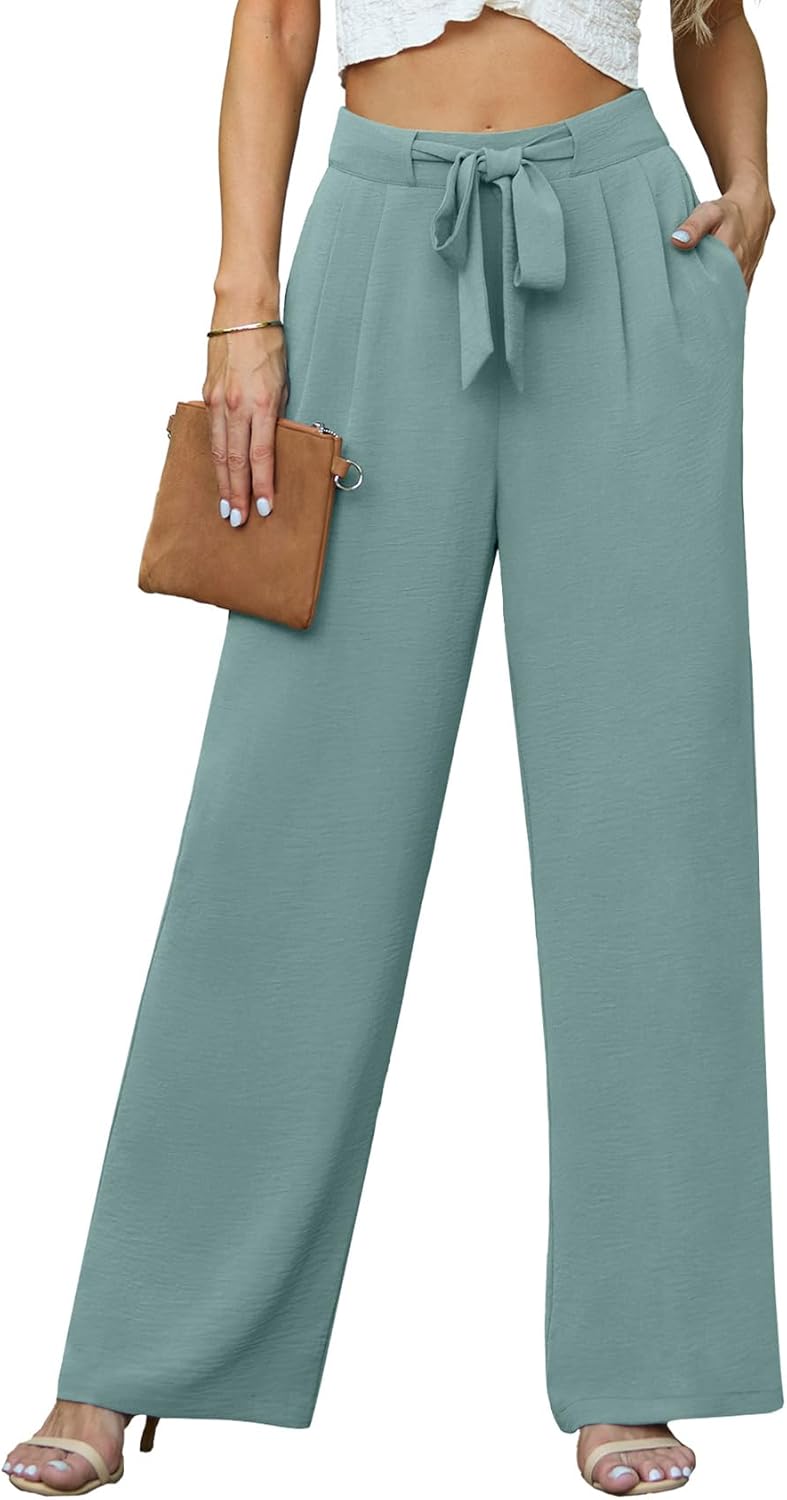 Lepunuo Women’s High Waisted Wide Leg Flowy Pants Casual Palazzo Pants Work Adjustable Tie Knot Pants with Pockets
