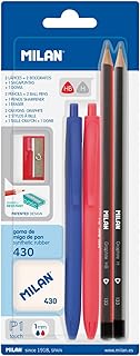 MILAN® Blister 2 bolígrafos p1 (azul/rojo), 2 lapices grafito HB y h, goma 430 y sacapuntas