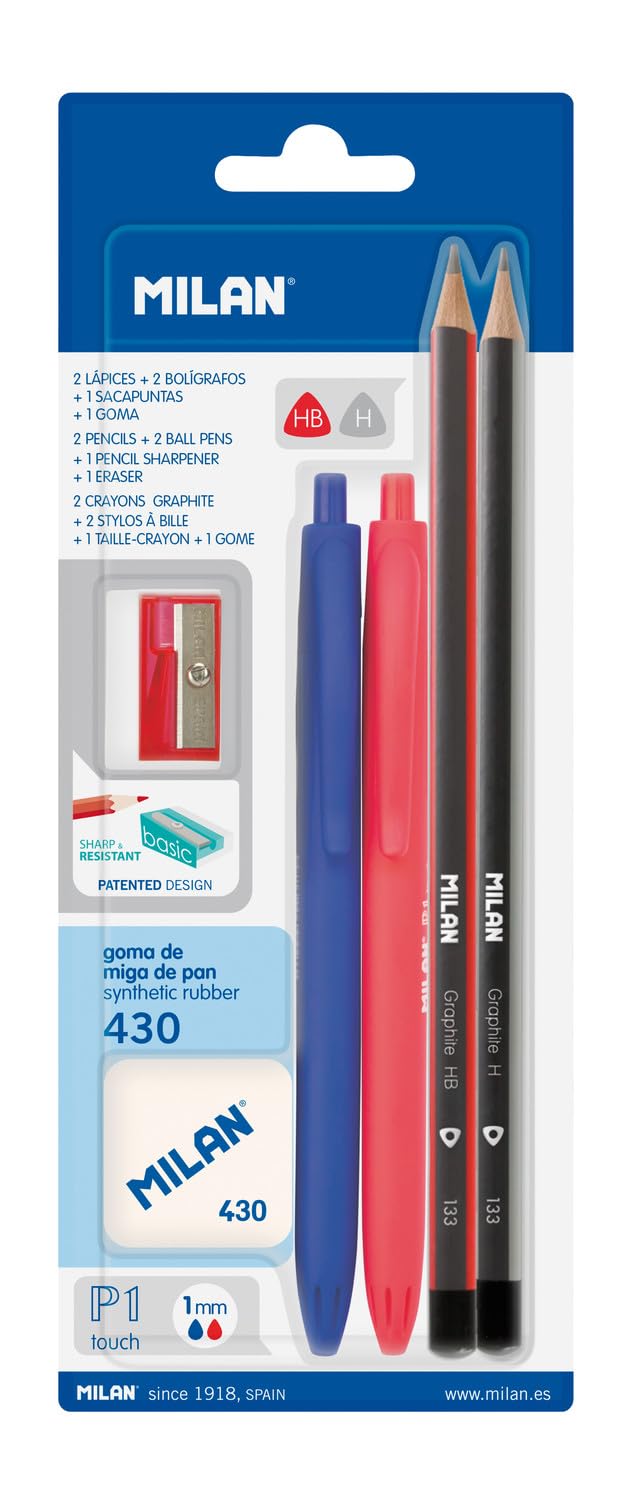MILAN® Blister 2 bolígrafos p1 (azul/rojo), 2 lapices grafito HB y h, goma 430 y sacapuntas