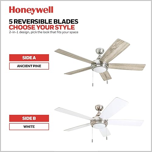 Miniatura 4 de Honeywell Ceiling Fans Ventnor, 52 Inch Modern Farmhouse Indoor LED Ceiling Fan with Light, Pull Chain, Three Mounting Options, Dual Finish Blades,