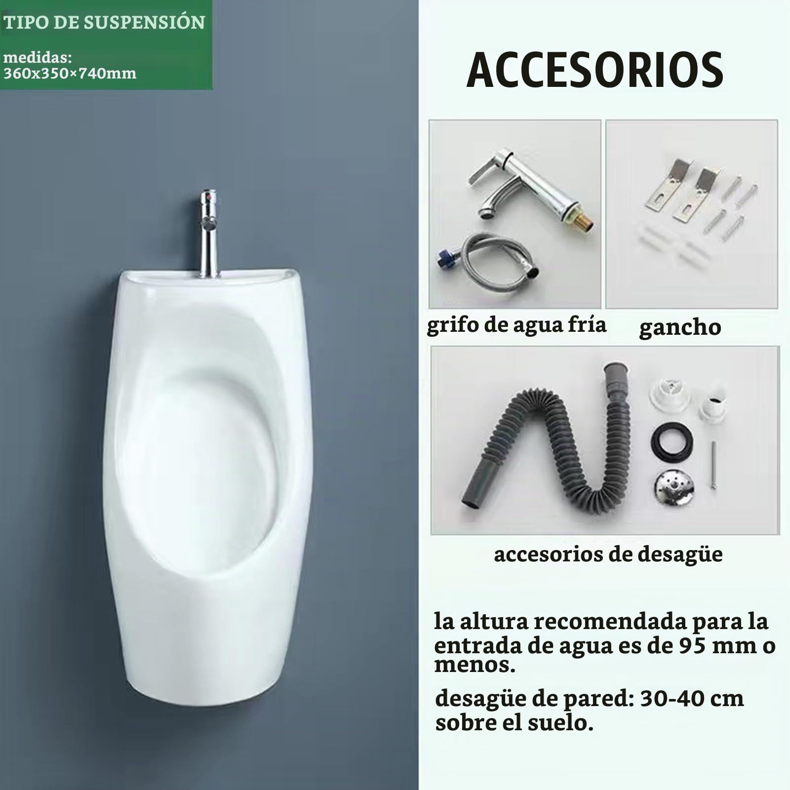 Urinarios para hombre a prueba de derrames con grifo y lavabo, urinario de cerámica para adultos de montaje en pared, ideal para baños, hoteles, centros comerciales y baños públicos.