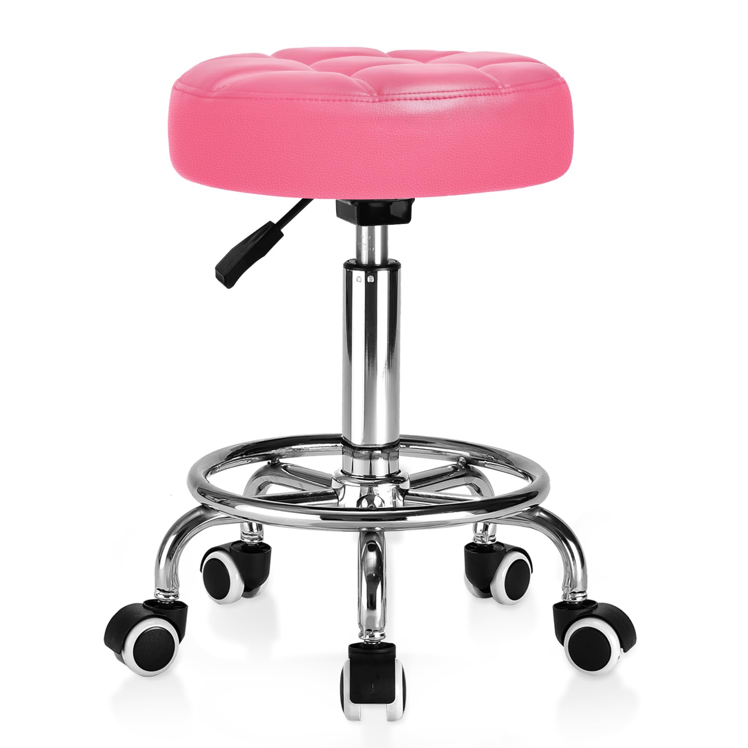 YEEZEE Adjustable Rolling Stool with Wide 14.6" Plush Seat for Salon, Pink
