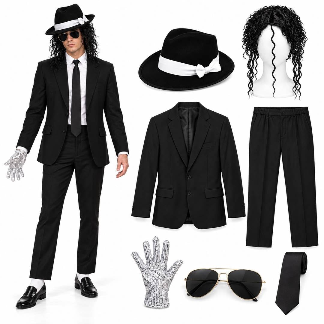 Adults King of Pop Halloween Costume - Black Suit, Hat, Glasses, Tie, Wig