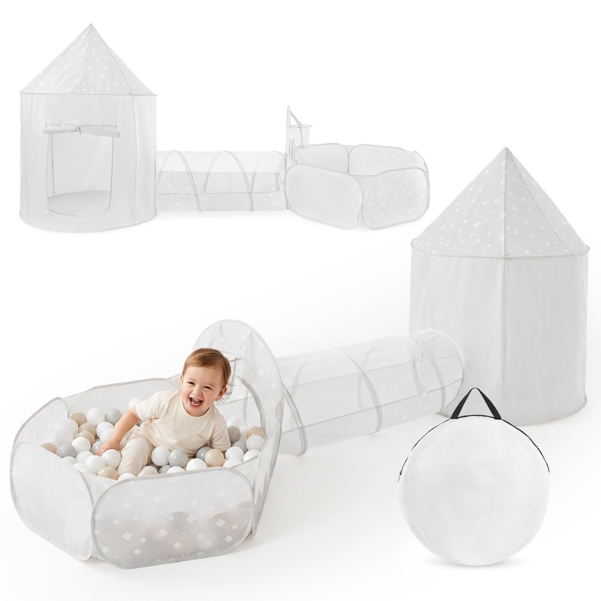 Mamabrum Spielset 3-in-1 Zelt Schloss mit Tunnel und Ballbecken, Faltbarer Spielplatz für Haus und Garten, Grau mit Weiß, Polyester, Metall, 50 x 60 x 100 cm