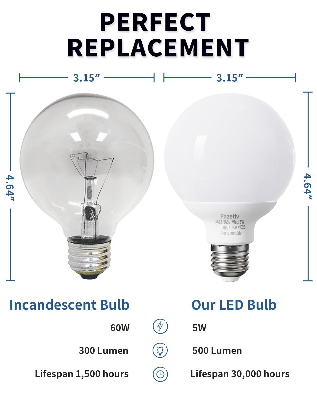 4 Pack Daylight LED Globe Light Bulbs for Bathroom 120V 60 watt Equivalent E26 Medium Base Non-Dimmable Vanity — view 3