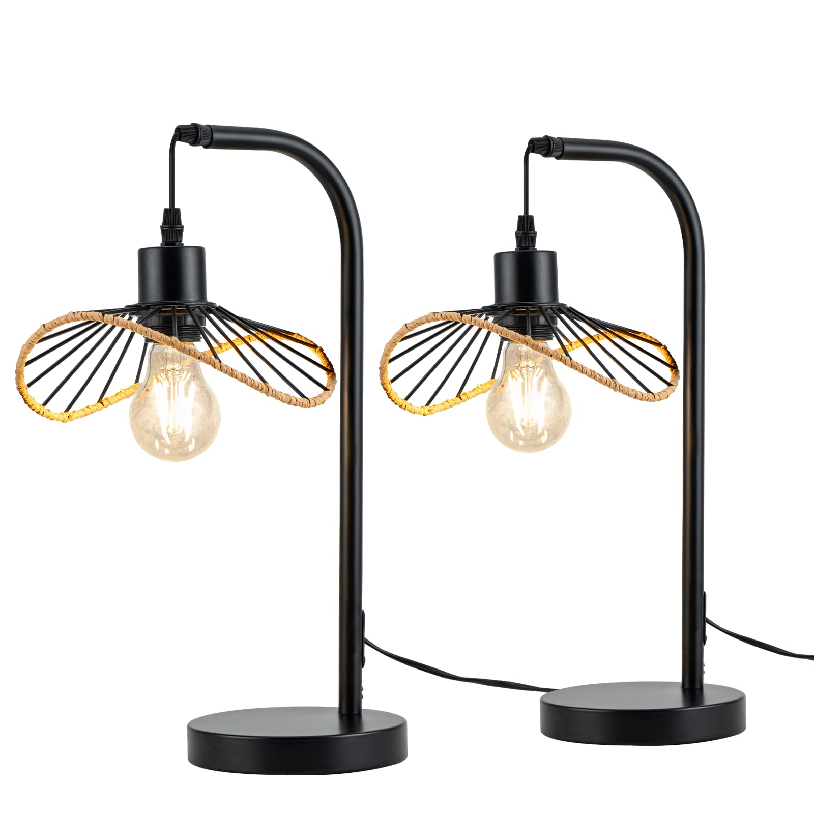 Tischlampe Schwarz Nachttischlampe Vintage 2er | Nachtlampe mit Kabel Tischleuchte E27 Schlafzimmer Schreibtischlampe Retro Leselampe Metall Tisch für Wohnzimmer
