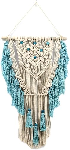 Macramé para colgar en la pared, arte de pared tejido con borlas de color azul aguamarina, tapiz de macramé bohemio con frontones para decoración de