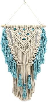 Macrame Wall Hanging Woven Wall Art Aqua Blue Color Tassel Macrame Tapestry Boho Pediments Wall Decor for Apartment Dorm Living Room Bedroom Baby Nursery Art Party Wedding Backdrop