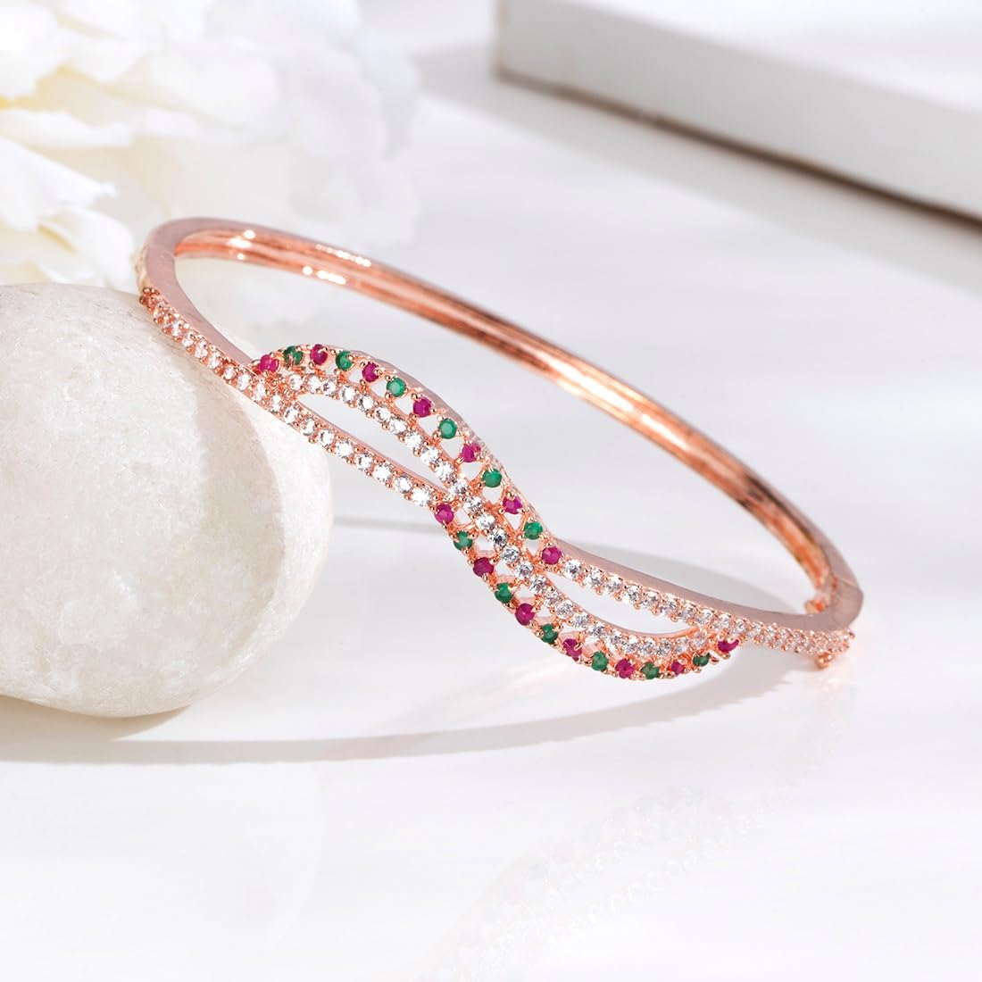 925 Silver Brilliance CZ Stones Rose Plated Cuff Bracelet