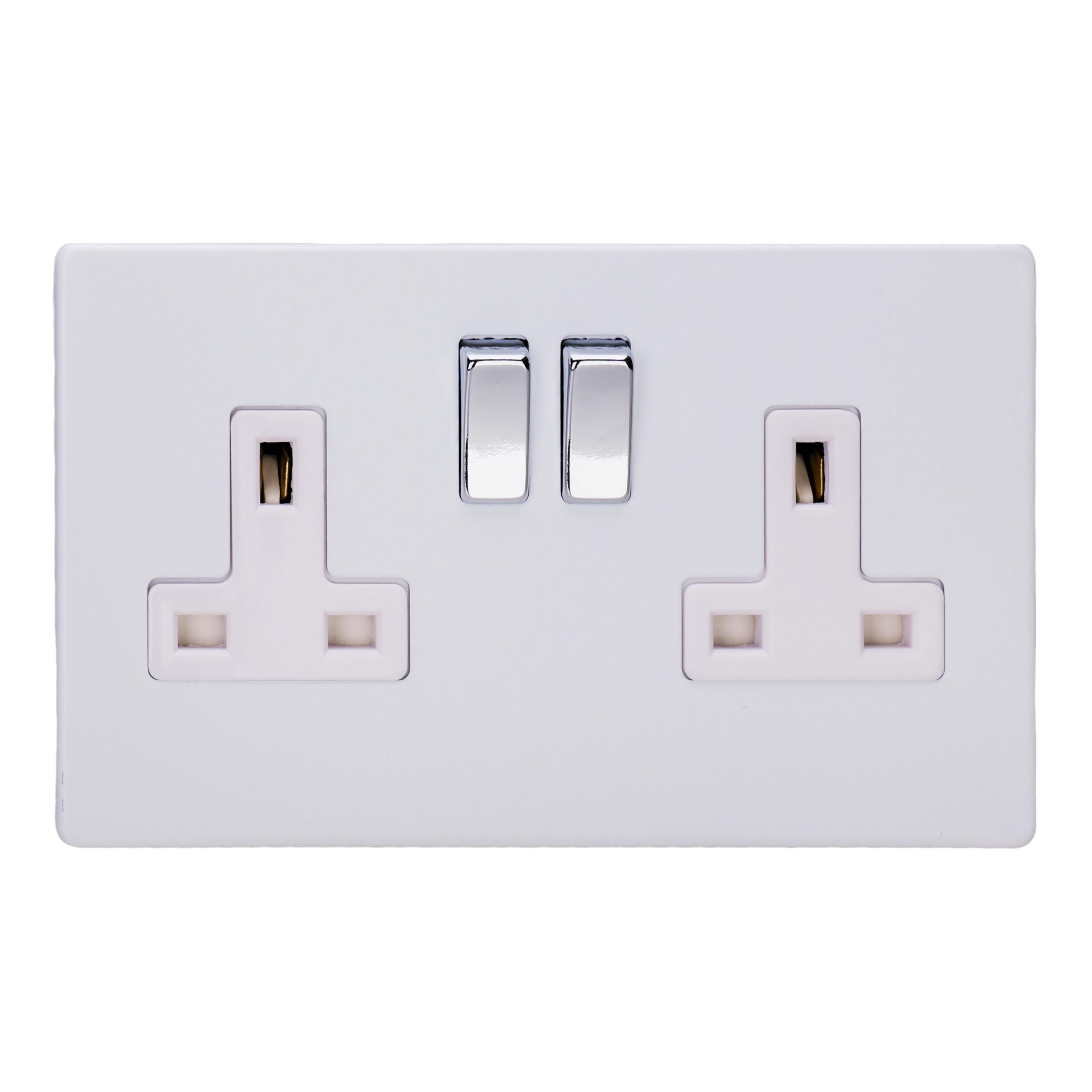 Primed Ready To Paint Flat Plate Screwless 2 Gang 13 Amp Switched Plug Socket - White Inserts, 86X147x32mm 5021575192728