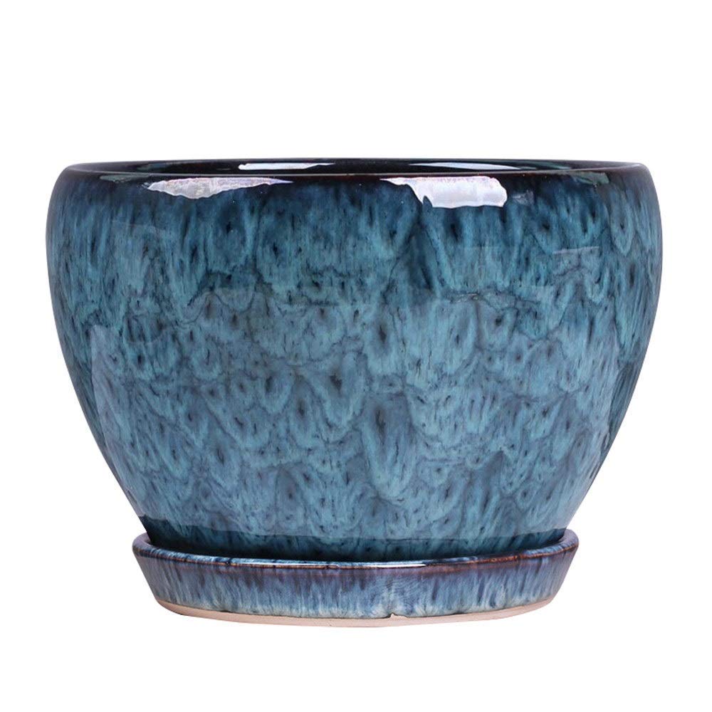 DFGHNBVC European Blue Ceramic Modern Glaze Succulent Planter Pot With Drainage Hole And Saucer Round Flower Plant Pot,20cm