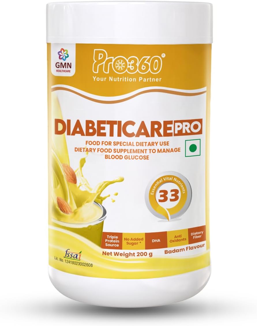 Pro360 Diabeticare Pro Protein Powder for Diabetes - Nutrition Supplement for Diabetic Care - Helps in Managing Blood Sugar Levels - Zero Added Sugar - Badam Flavour 200g Jar