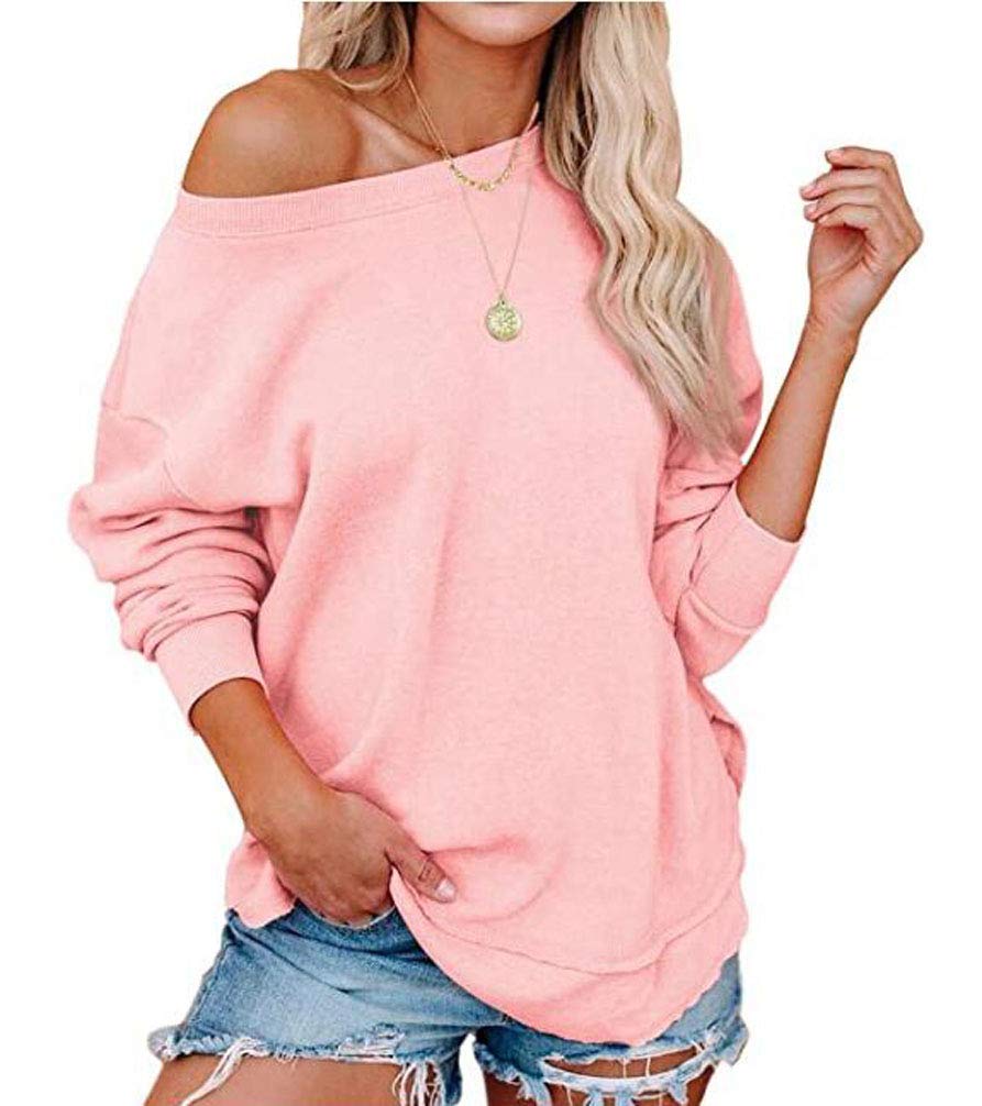 Damskie bluzy podstawowe z odkrytymi ramionami długie rękawy lekka bluzka z okrągłym dekoltem topy gładka tunika z rozcięciem boczny top, różowy, 3XL
