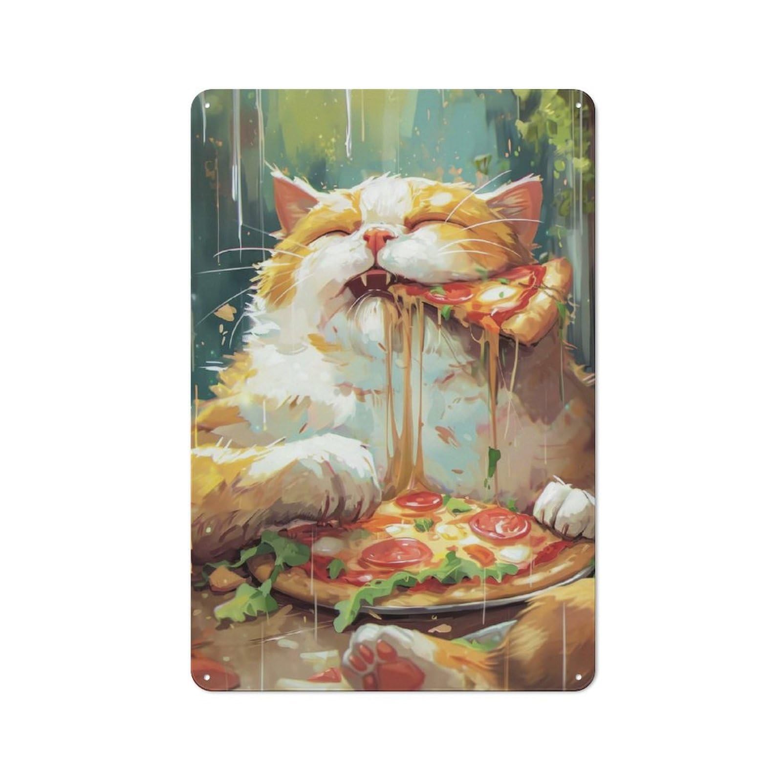 Junmoney Pizza Cute Cartoon Cat Tin Wall Plaque 30X20cm With For Dining Room Or Kitchen, For Collectors Decorating Kitchens And Dining Spaces