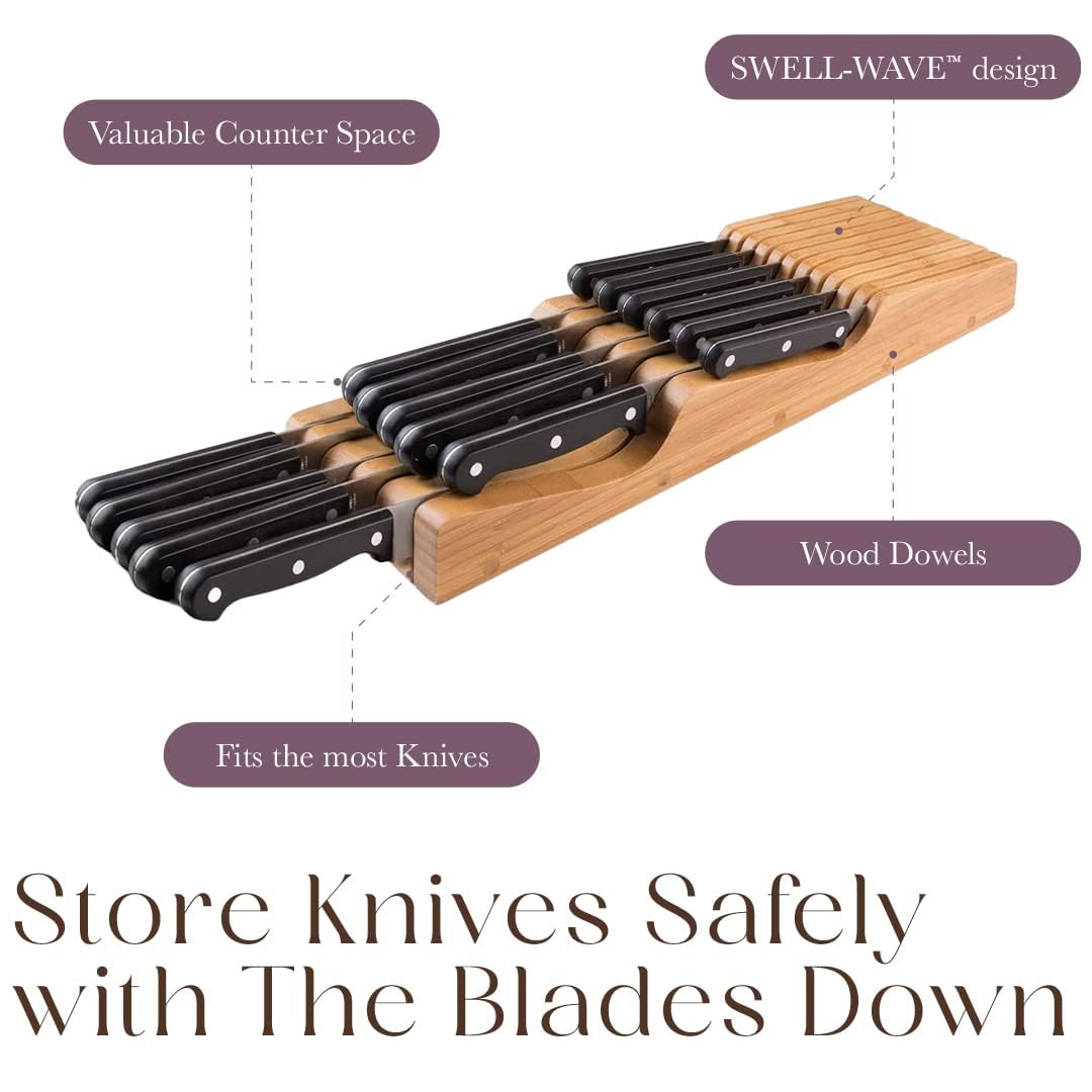 Bellemain 100% Pure Bamboo in Drawer Knife Block | 16 Knife Slots Knife Drawer Organizer | Store Knives Safely with The Blades Down | Storage Solution for Your Kitchen | Knife Organizer Drawer Insert