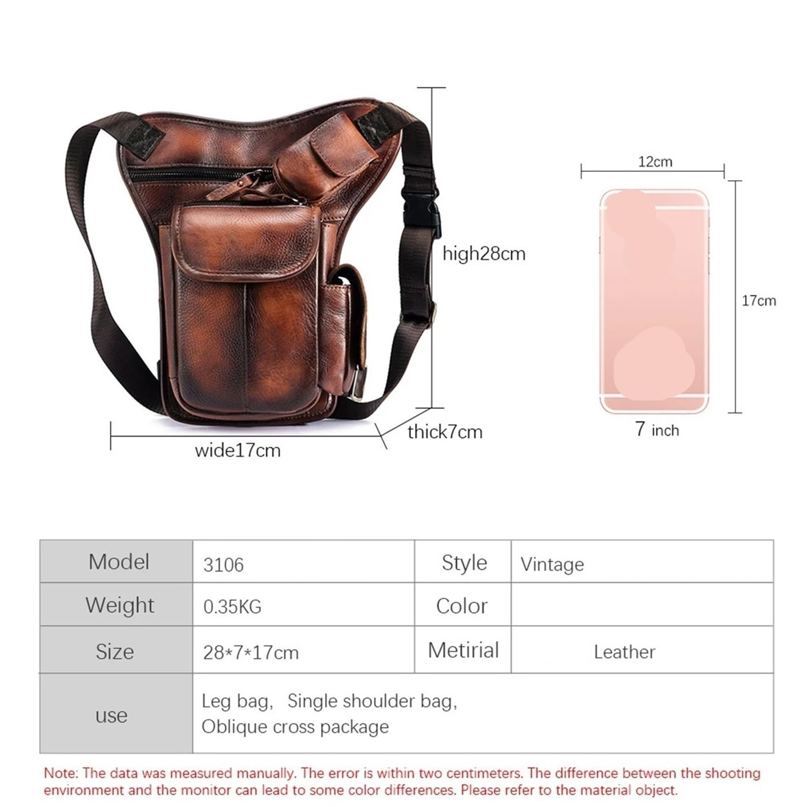 Sacoche de Jambe Moto Sac bandoulière en Cuir Multifonction for Homme(Color 3)