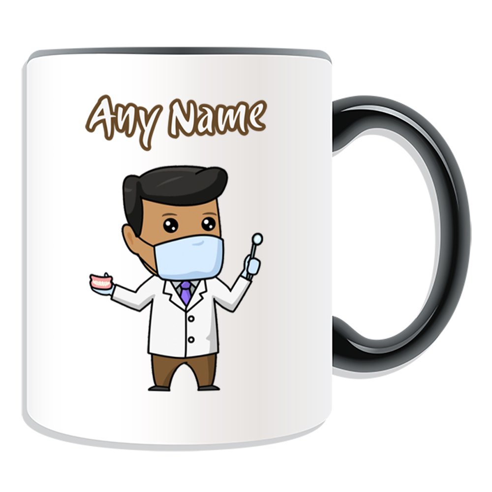 Unigift Men's Black Personalised Gift - Dentist Mug (Career Design Theme, Colour Options) - Any Name/Message On Your Unique - Medical Mask Dental Tool White Lab Coat Tooth Practice Asian Occupation