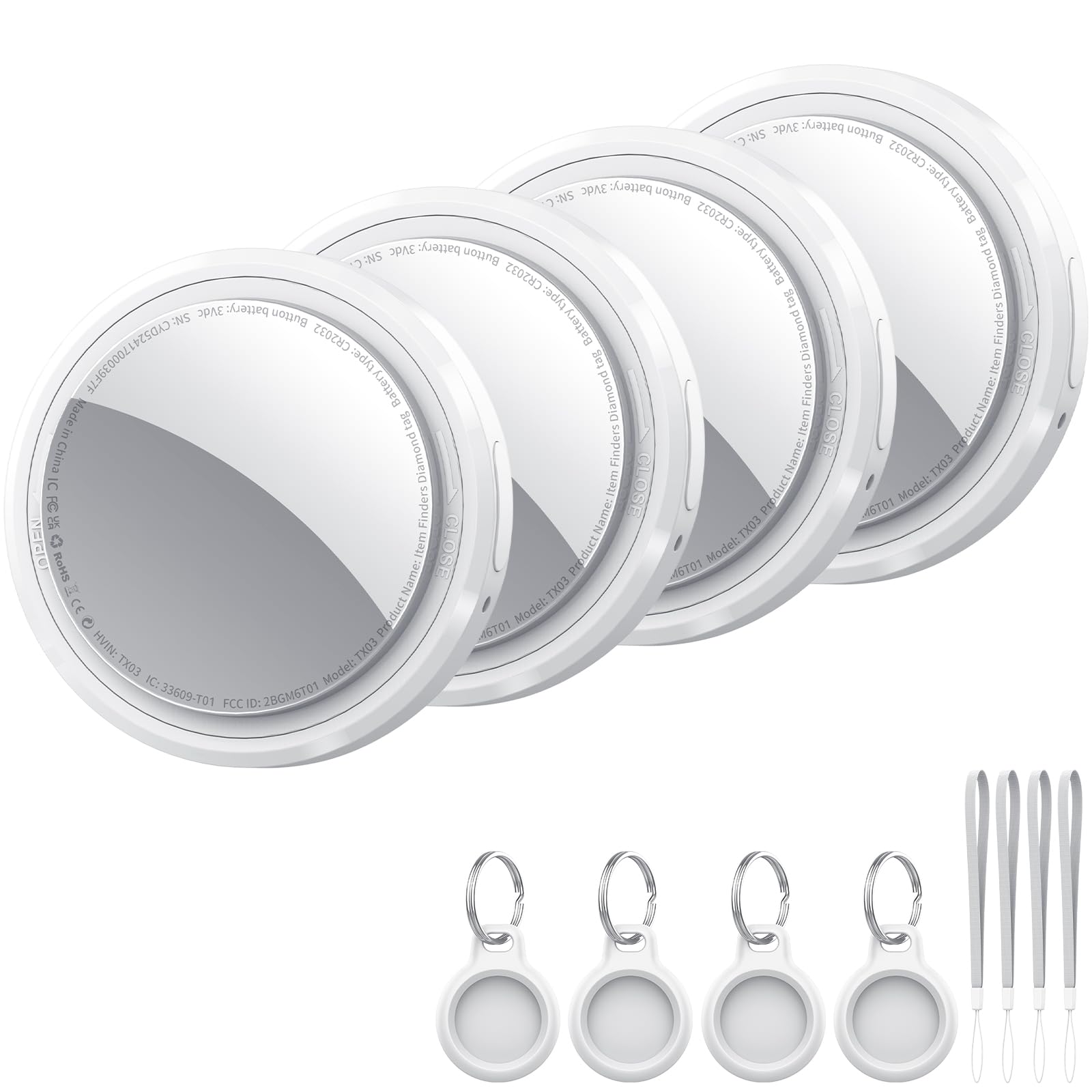 Smart Tracker Tag 4 Pack, Buscador de Objetos Bluetooth Funciona con Buscar Apple (sólo iOS), Localizador Bluetooth, Rastreador para Llaves, Cartera, Mochila, Batería Reemplazable,Blanco Cálido