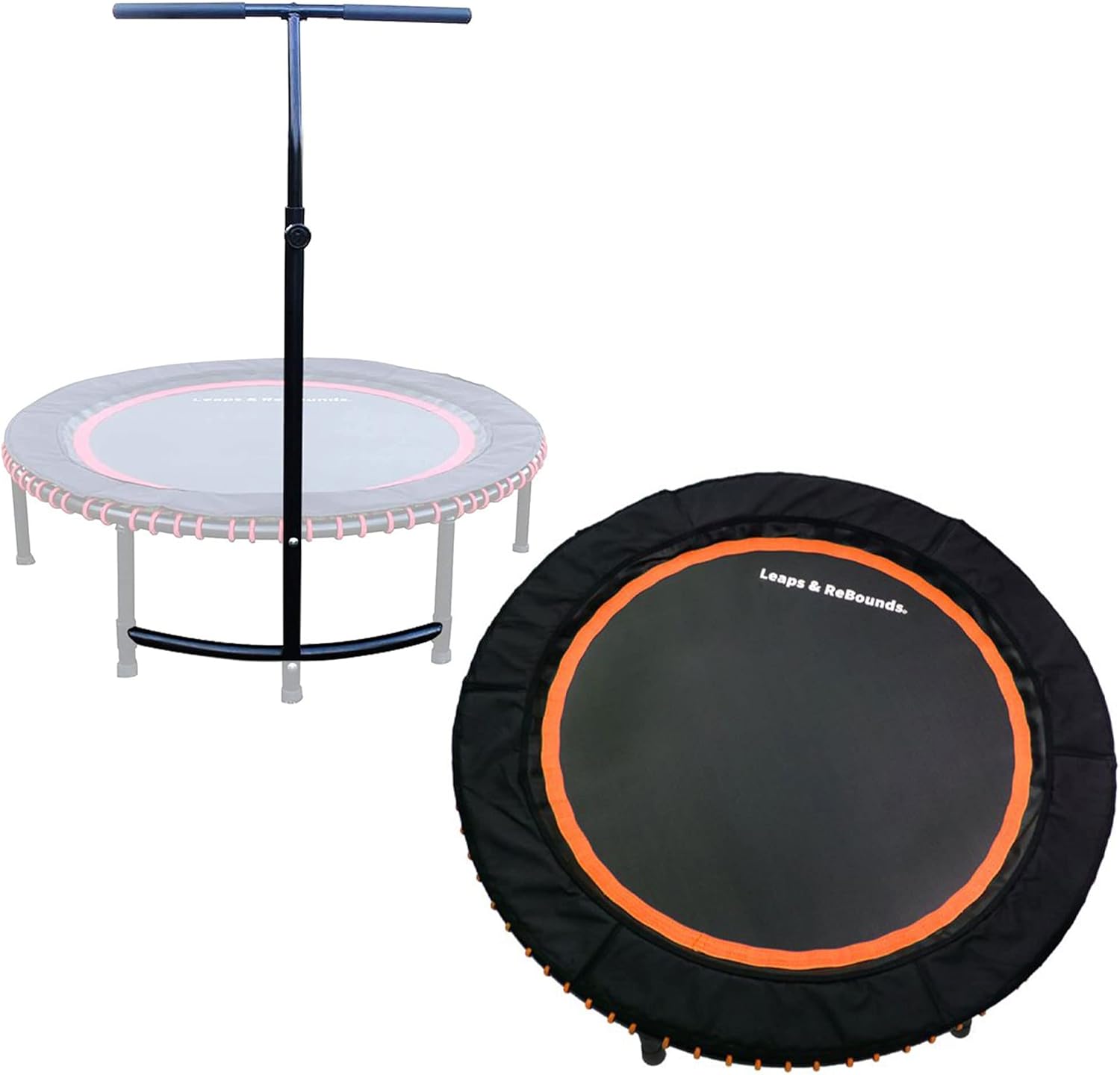 LEAPS & REBOUNDS 48" Adjustable Stability Bar Attachment with 48" Mini Fitness Trampoline and Home Gym Rebounder for Cardio Exercises, Orange