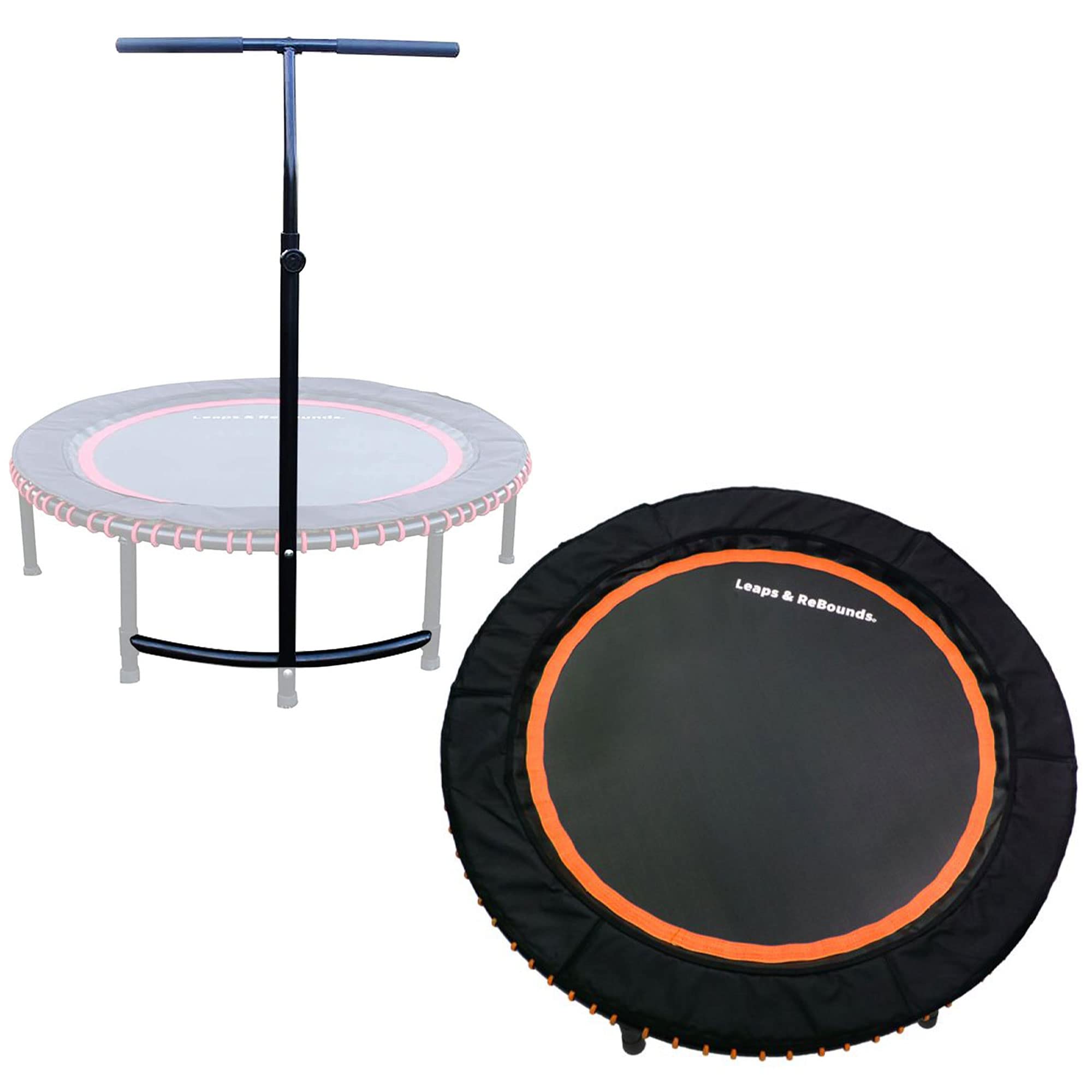leaps & rebounds 48" adjustable stability bar attachment with 48" mini fitness trampoline and home gym rebounder for cardio exercises, orange