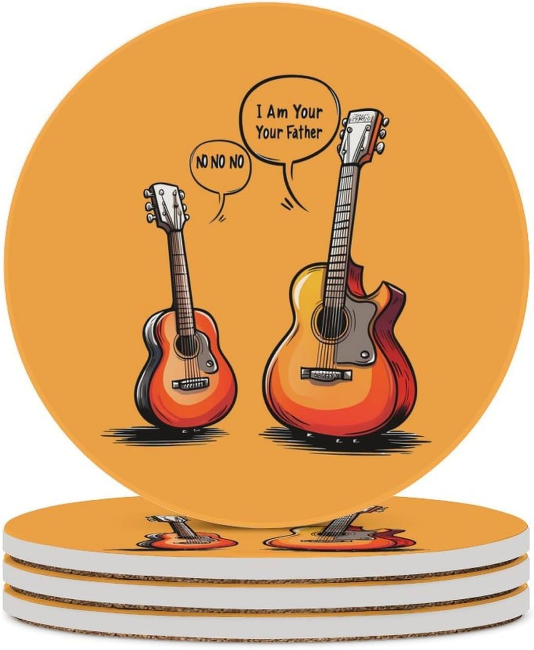 I Am Your Father Guitar Music Coasters for Drink Round Ceramic Coaster with Cork Base Home Decorative 4PCS