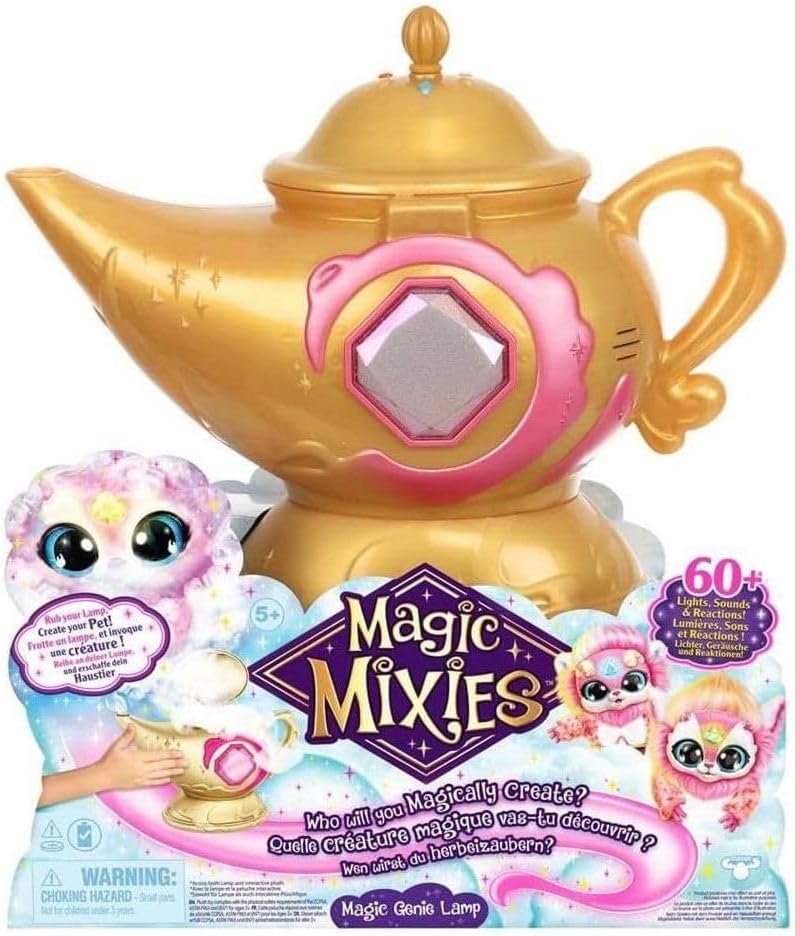 Magic Genie Lamp with Interactive 8" Pink Plush Toy and 60+ Sounds & Reactions. Unlock a Magic Ring and Reveal a Pink Genie from The Real Misting Lamp. Gifts for Kids, Ages 5+