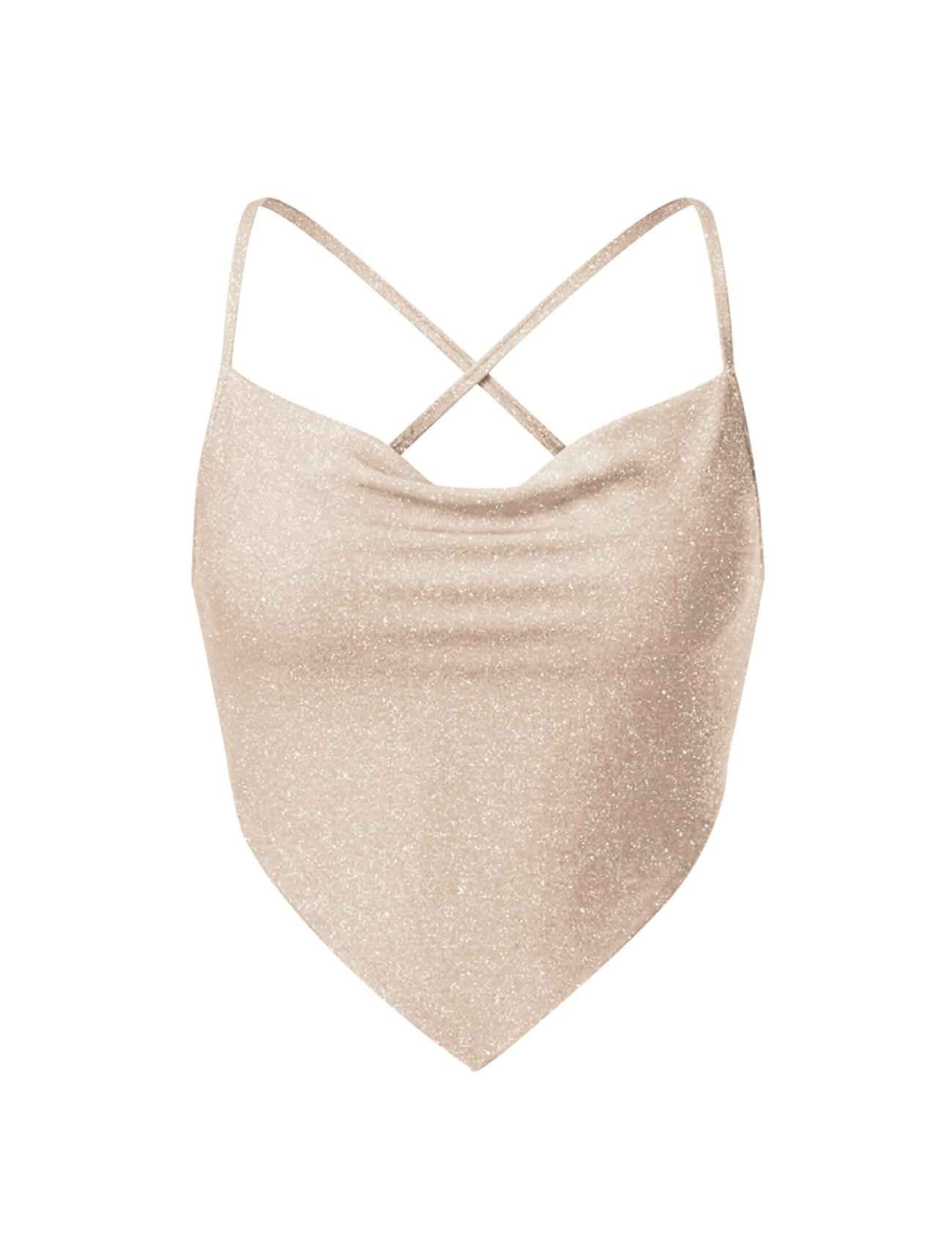 Clarisbelle Womens Y2k Sequin Ruched Disco Cami Cowl Neck Crop Top Spaghetti Strap Sleeveless Bandana Tops, Backless Concert Halter Top, Going Out Criss Cross Rave Tank Tops