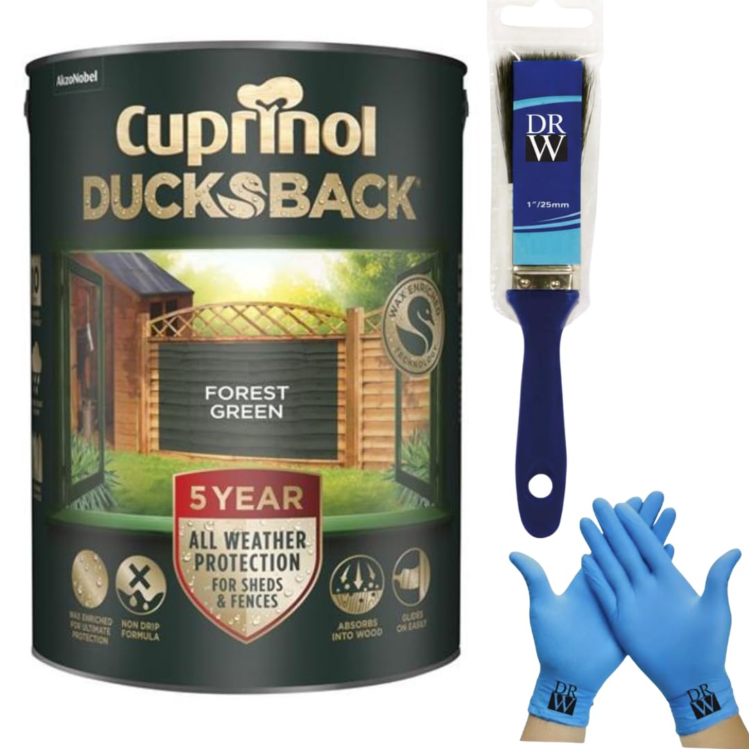 DRW Cuprinol Ducksback Forest Green Fence Paint 5L | 5‑Year Weatherproof Shed & + Free 4 Inch Fence Paint Brush & Nitrile Gloves – Wax‑Enriched, Non‑Drip, Quick‑Drying & Low‑Odour