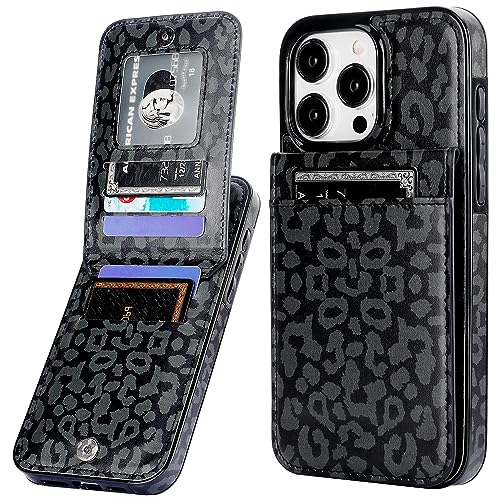 Étui portefeuille iPhone 15 Pro Max léopard noir avec clapet porte-carte résistant