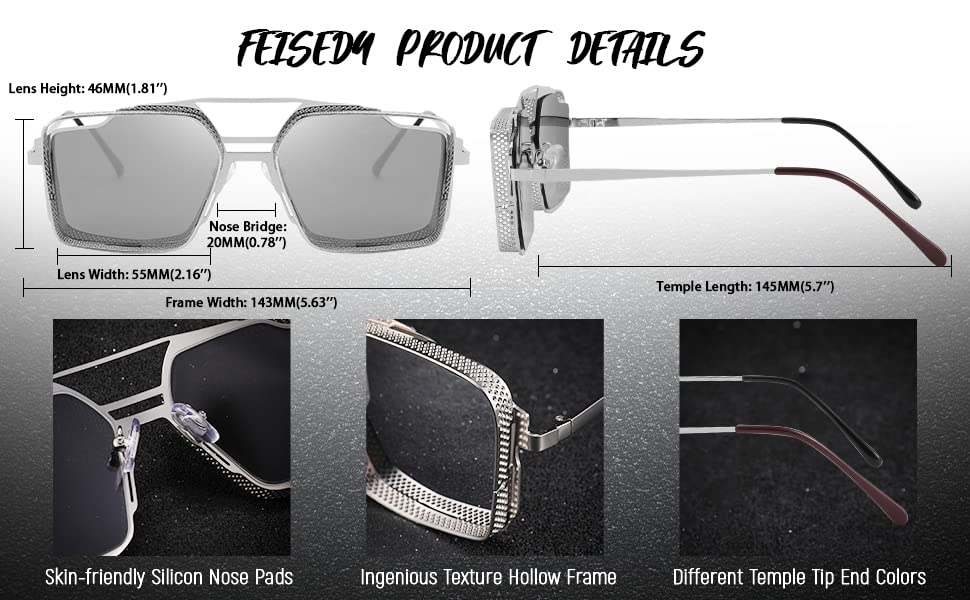 FEISEDY Men Retro Steampunk Sqaure Pilot Sunglasses Vintage Metal Hollow Frame Oversized Gothic Women Shades B28993