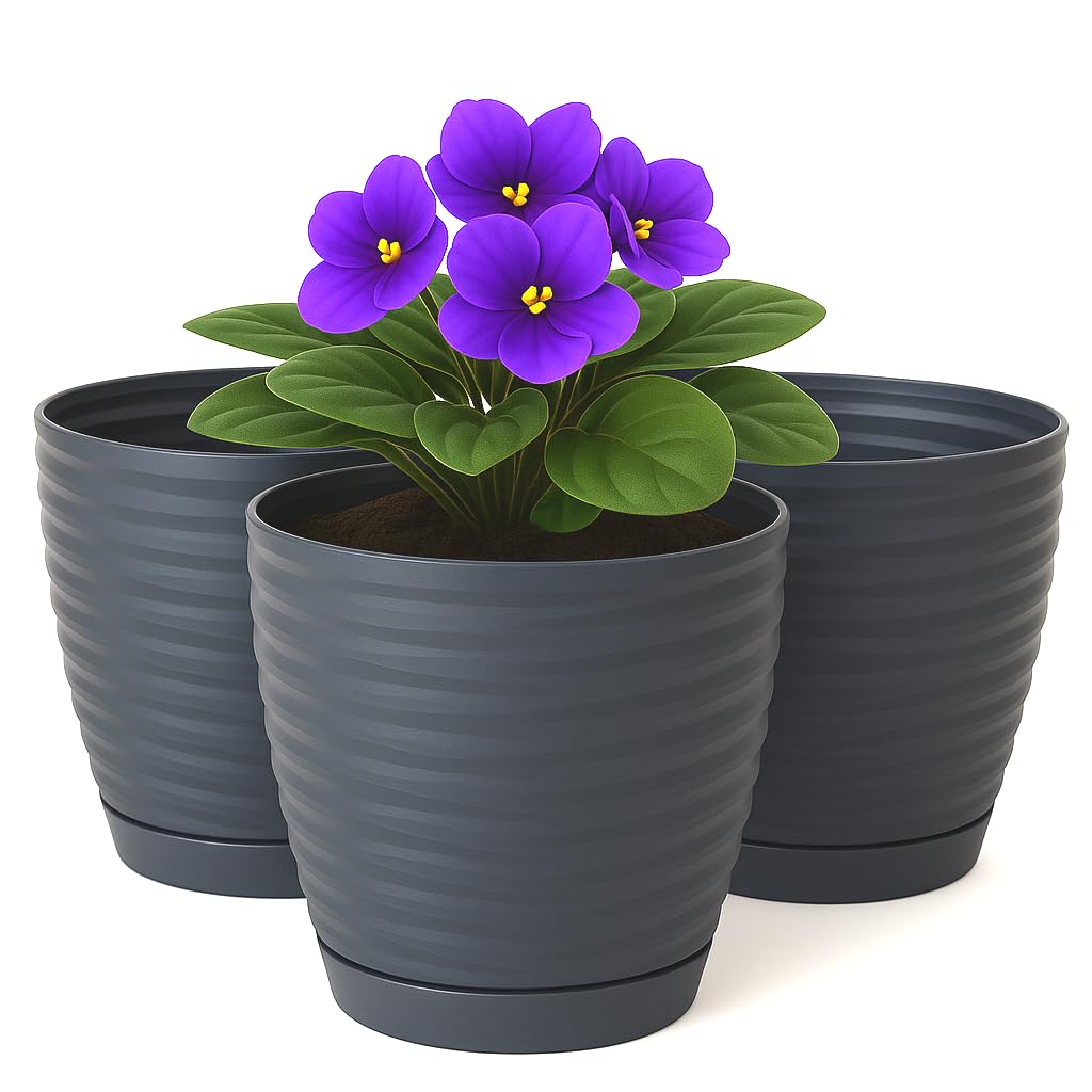 Home Garden Ornaments Anthracite Wave Plant Pots Indoor, Set Of 3 Indoor Plant Pot With 3D Effect, Drainage Holes, And Integrated Saucer, Plastic Flower Pots (Diameter: 13Cm, Colour: )