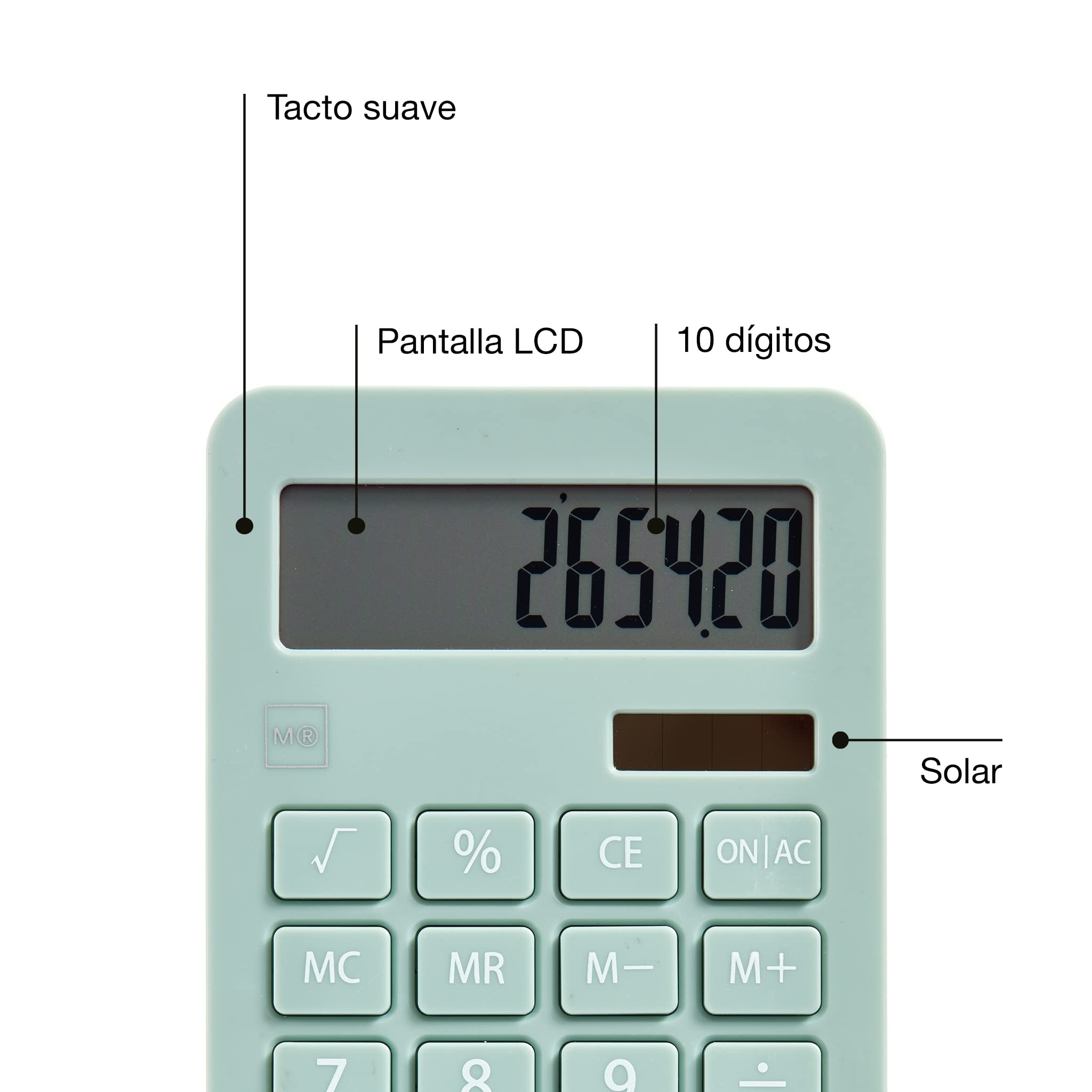 Miquelrius Calculatrice De Bureau Solaire 10 Chiffres – Grandes Touches, Écran LCD Clair – Design Compact Vert – Idéale Maison & Bureau