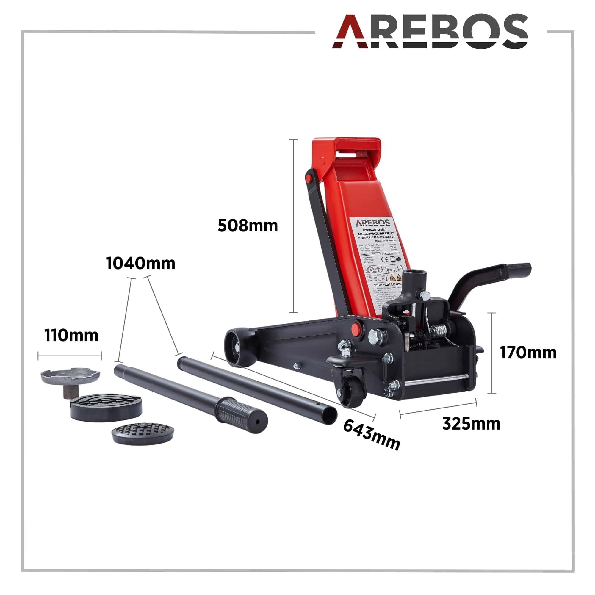 Arebos Martinetto idraulico di manovra 3T | Altezza di sollevamento 130-508 mm | 2 supporti in gomma | Martinetto | Cavalletto KFZ Auto PKW