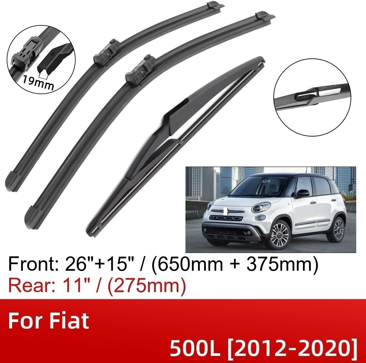 Compatible with Fiat 500L 2012-2020 26"+15"+11" Front Rear Wiper Blades Brushes Cutter Accessories 2013 2014 2015 2016 2017 2018 2019 2020