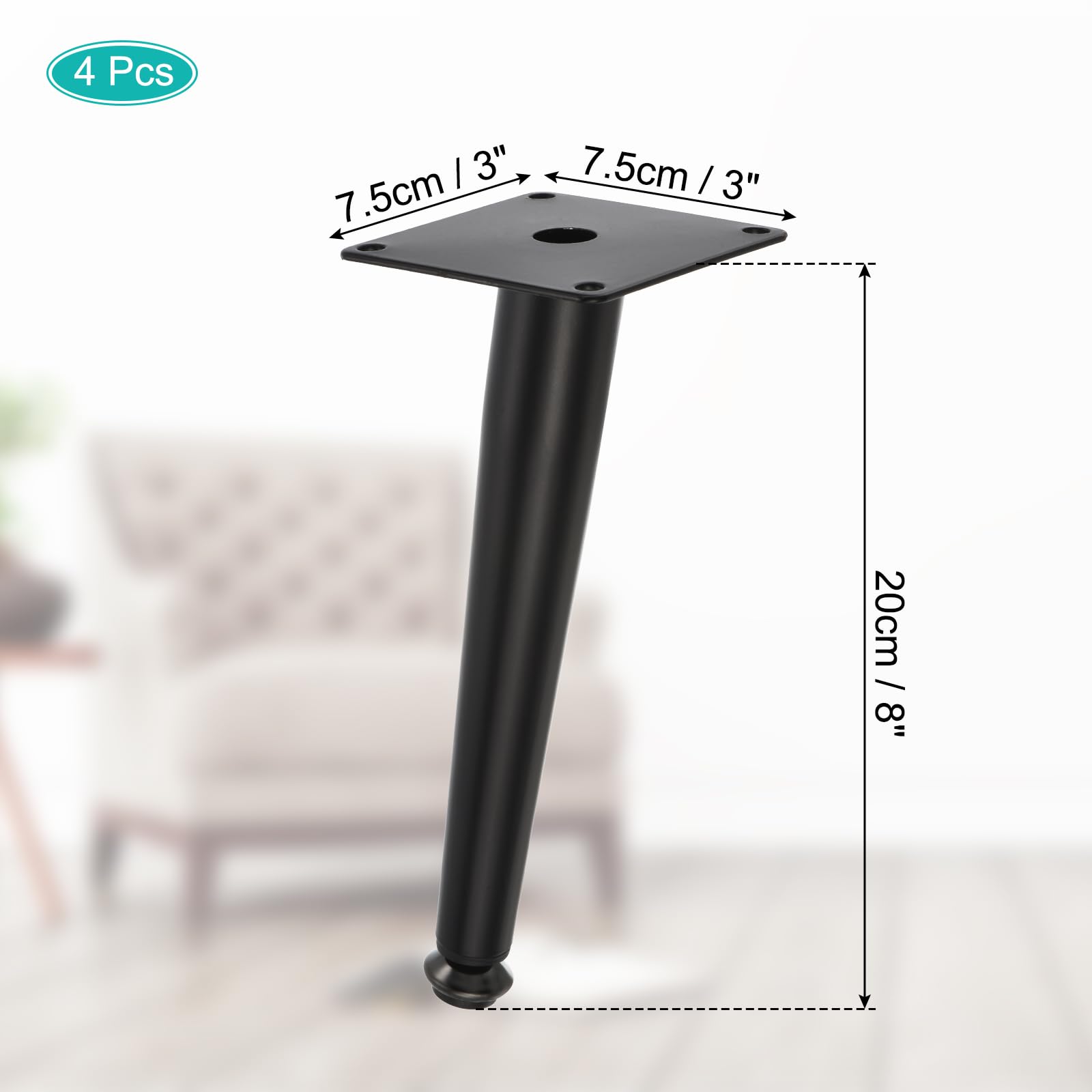 Uxcell 4PCS Metal Furniture Leg Replacement 8inch Couch Legs Cabinet Feet Black Modern Furniture Legs DIY Sofa Feet with Screws for Cupboard Table - Image 2