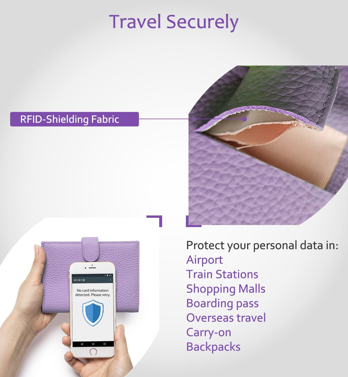 Porta passaporto in pelle da viaggio da donna, con blocco RFID, con slot per schede, portamonete e slot per SIM, organizer da viaggio sottile in vera pelle, elegante grigio, Lavanda, Sottile